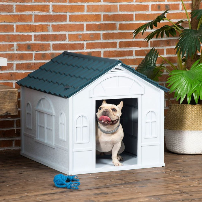 PawHut Weather-Resistant Dog House - Blue. Keep Your Medium Dog Safe & Cozy. Shielding from Rain & UV Rays. Easy Assembly. Optimal Airflow.