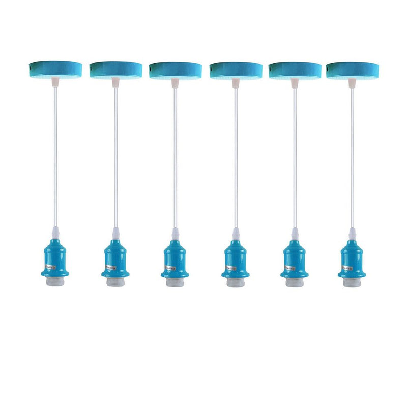 6 Pack Industrial Pendant Light Fitting, Lampshade Addable E27 Lamp Blue Holder Fitting Set With PVC Cable