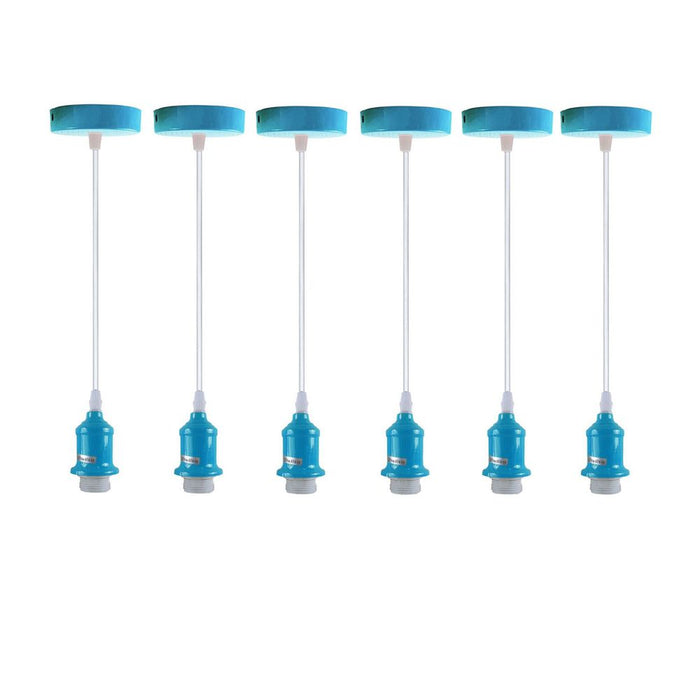 6 Pack Industrial Pendant Light Fitting, Lampshade Addable E27 Lamp Blue Holder Fitting Set With PVC Cable