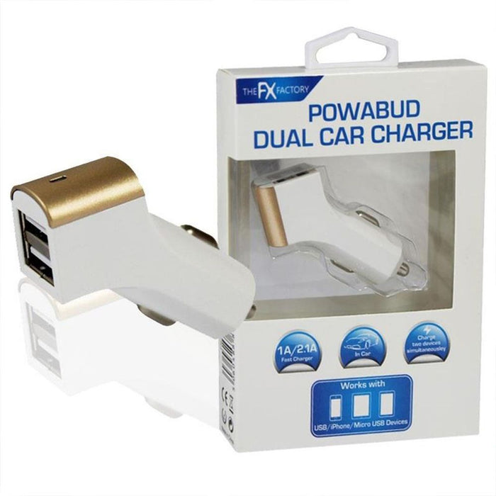 FX Powabud Twin Socket USB 2.1A Car Charger, Gold