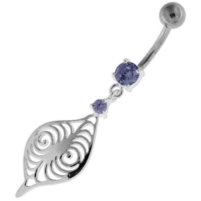 Flower Leaf Jeweled Sterling Silver Navel Belly Button Bar