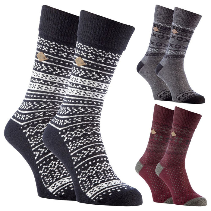 Farah 1920 - 2 Pairs Mens Wool Socks - Wool Mix Fair Isle Boot Socks