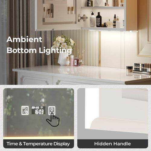 FCH White  LED Mirror Cabinet (20*28 inches),1 Door, 4 Shelves, with Time & Temperature Display, Three-color Lighting, Adjustable Brightness, Power-off Memory