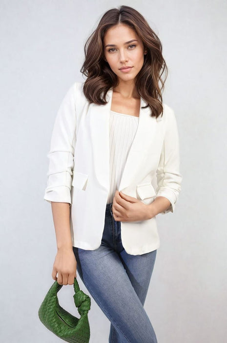 Sophisticated Ruched Sleeve Blazer Jacket with Pockets