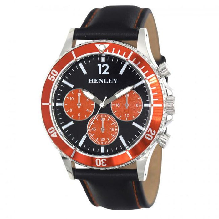 Henley Mens Polished Round Sports Watch - Orange Dial, Black Leather Strap H02210.8