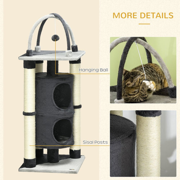 PawHut 114cm Cat Tree for Indoor Cats Kitten Play Tower w/Jute Scratching Posts, Toy Ball, Cat House - Dark Grey