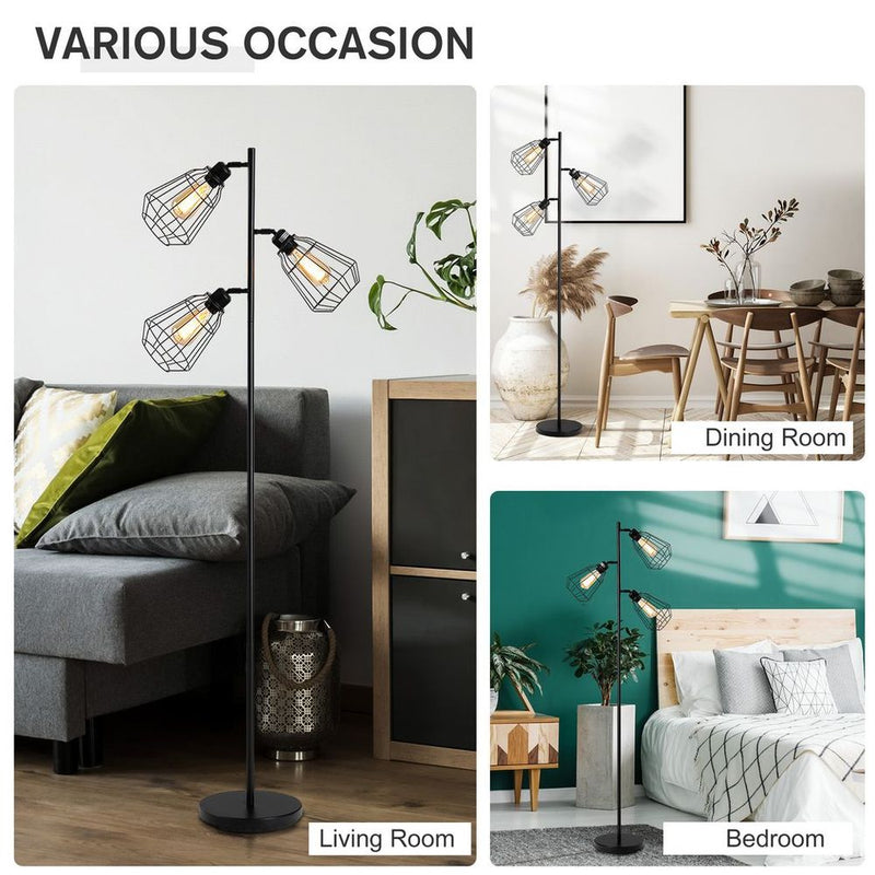 Premium Industrial Steel Birdcage Floor Lamp | 3 Lights | Round Base | Black