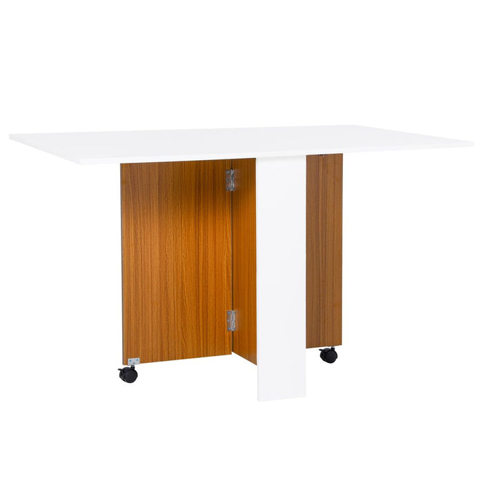 Folding Drop Leaf Table Dining Mobile Desk - Teak/White. 6-seater converts to 4-seater. Space-saving storage. Easy to move. Stylish blend.