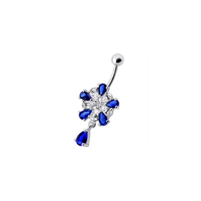 Jeweled Fancy Silver Flower Dangling Banana Bar Navel Belly Ring