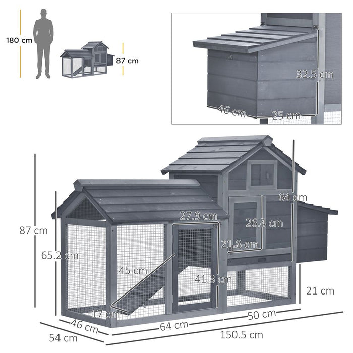 Pawhut Small Chicken Coop Hen Cage Nesting Box W/ Outdoor Run 150.5X54x87 Cm Grey