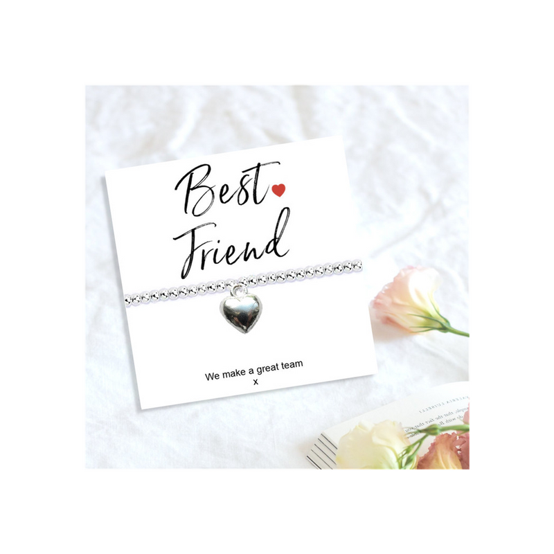 Best Friend Stretch Bracelet & Message Card - Silver Plated Beaded Charm - Birthday, Christmas Gift