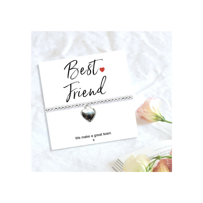 Best Friend Stretch Bracelet & Message Card - Silver Plated Beaded Charm - Birthday, Christmas Gift