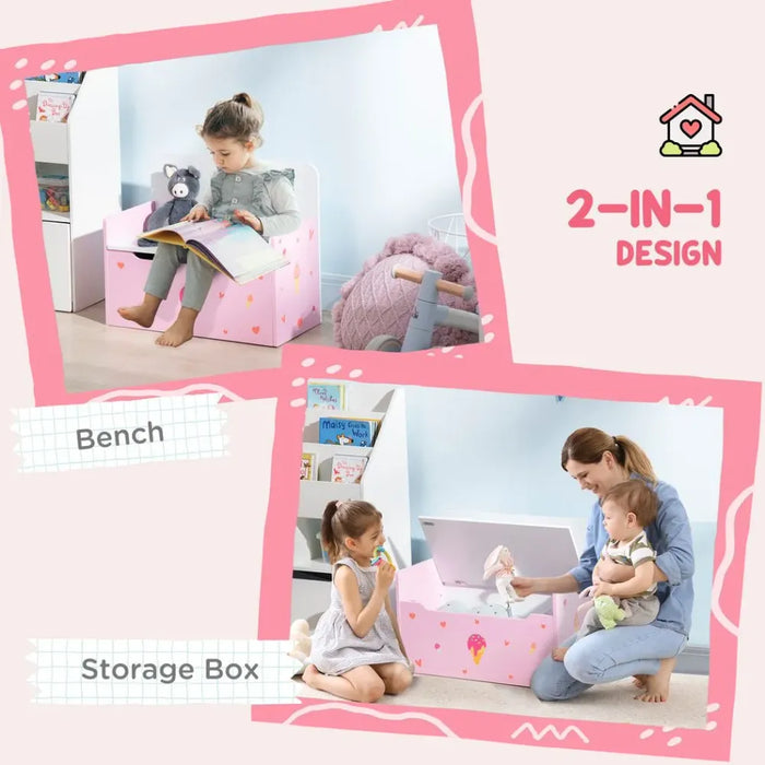 Two-In-One Wooden Toy Box, Kids Storage Bench w/ Safety Rod - Pink