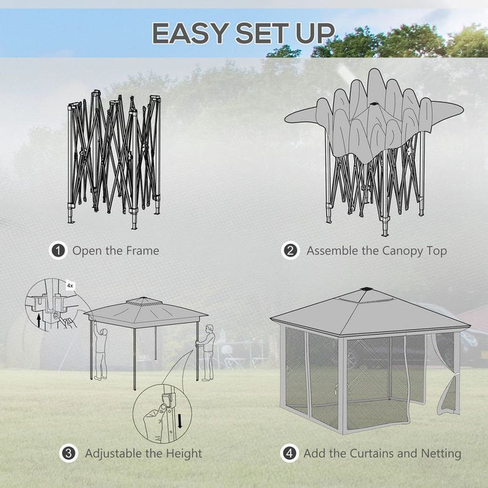 Outsunny 3x3m Pop Up Gazebo w/ Solar LED Lights Curtain Netting Khaki