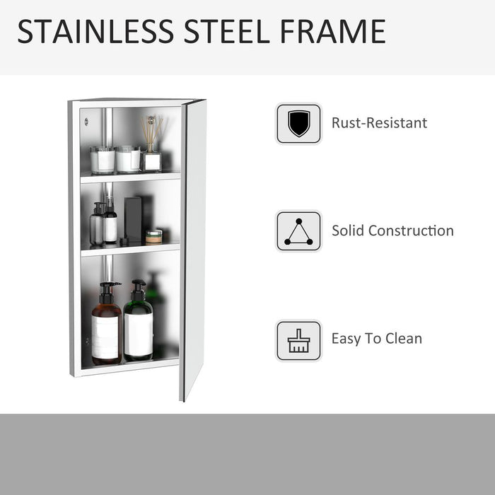 HOMCOM Wall Mount Corner Mirror Cabinet with Three Shelves, Stainless Steel Bathroom Storage Cabinet with Door