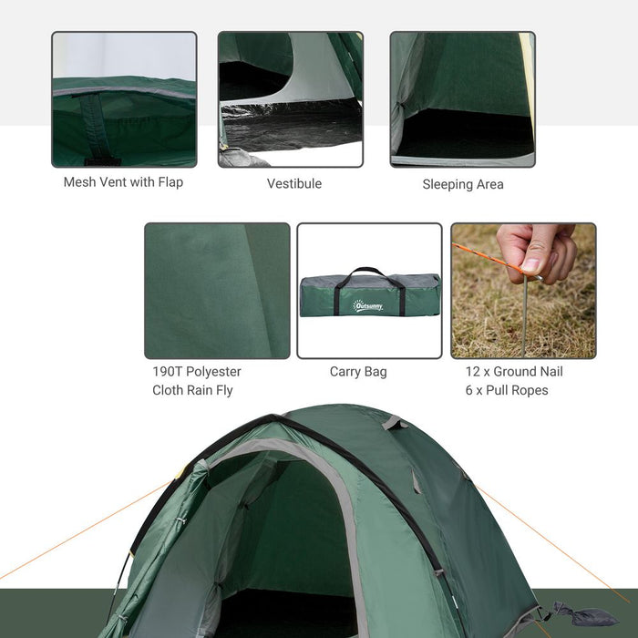 Outsunny Compact Camping Tent: Green, Vestibule, Mesh Vents, High Quality