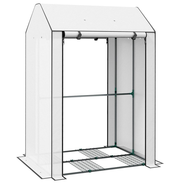 Outsunny Mini Greenhouse w/ Shelves & Roll Up Door, 100x80x150cm, White - UV Resistant, Ventilated