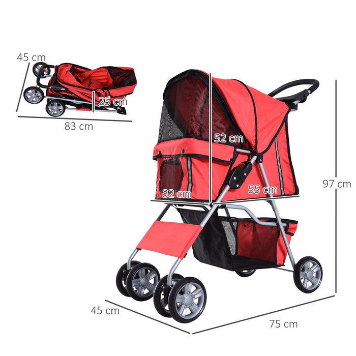 PawHut Pet Stroller for Small Miniature Dogs Cats Foldable Travel Carriage with Wheels Zipper Entry Cup Holder Storage Basket Red