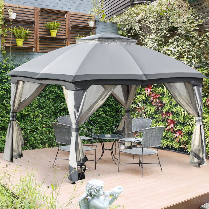 Premium 4x3m Metal Gazebo Canopy & Netting Sidewalls, Double Tiered Roof, Grey