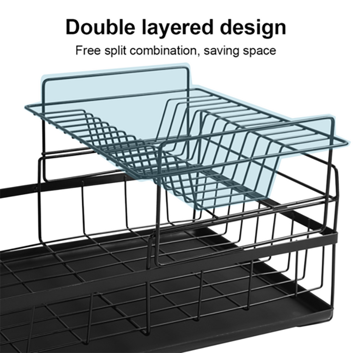 2 Tier Kitchen Sink Dish Drainer Rack with Drip Tray Cutlery Holder Plate UK