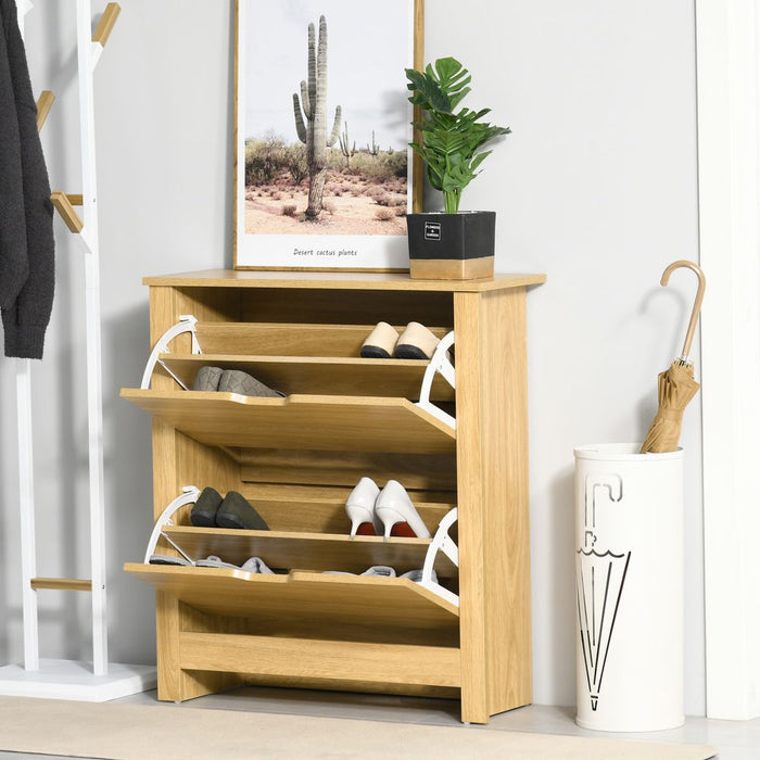 12-Shoe Storage Cabinet 4 Shelves 2 Drawers Tabletop 4 Legs Brown