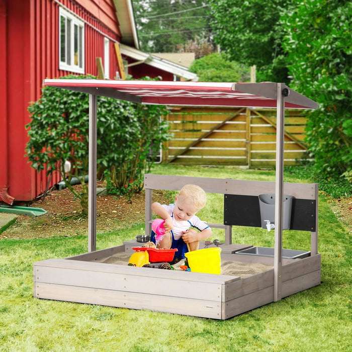 Outsunny Kids Wooden Sandbox w/ Canopy, Kitchen Toys, Seat, Storage, for Outdoor