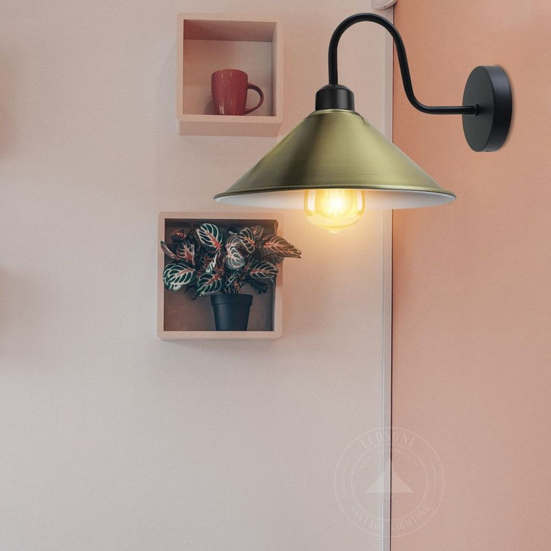 Vintage Green Brass Wall Light Fixture, Cone Shape Shade - E27 Base, Dimmable, 3 Year Warranty