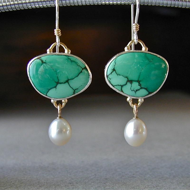 Retro Green Gemstone With Pearl Drop Earrings