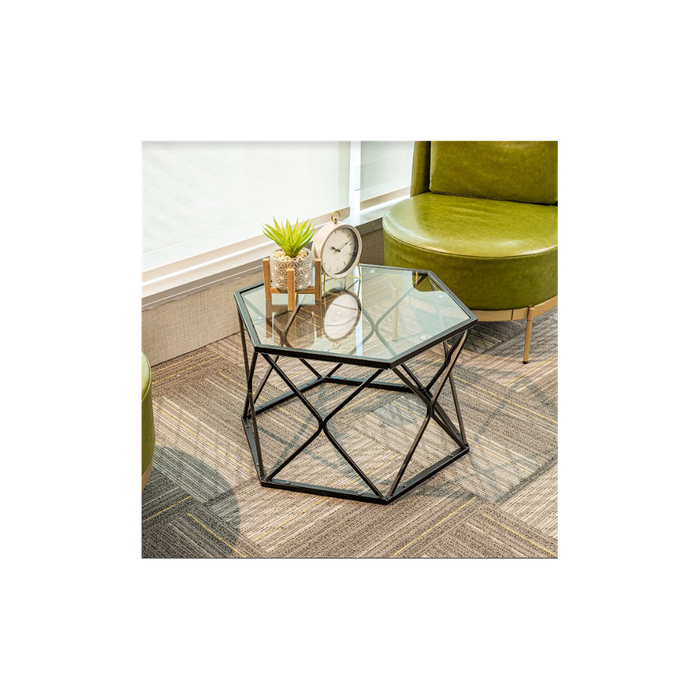 Premium Hexagon Black Coffee Side Table - Sleek Design, Tempered Glass Top