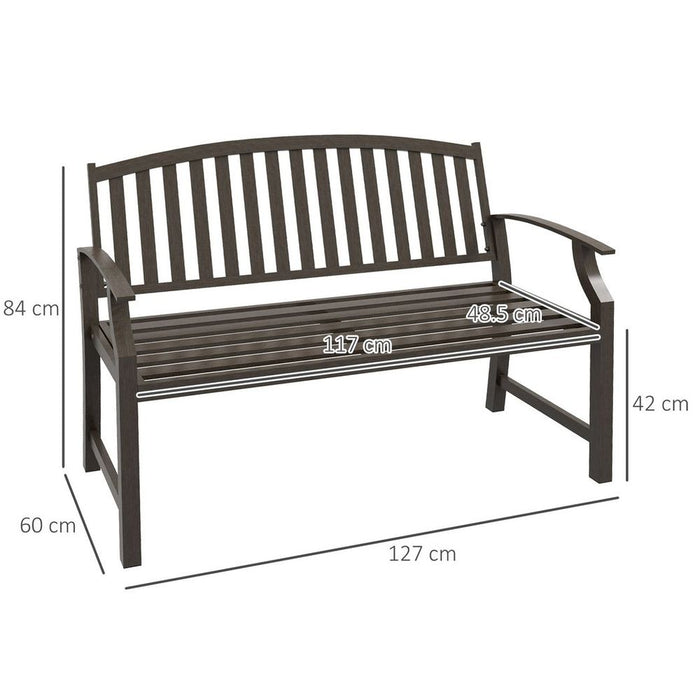 Premium Steel Outdoor Bench - Spacious 2 Seater with Curved Armrest and Backrest - Brown