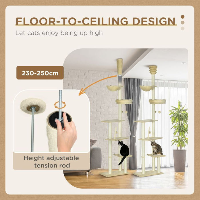 Ultimate Cat Paradise: 6-Tier Floor to Ceiling Cat Tree - Bed, Hammock, Scratching Post (Beige)