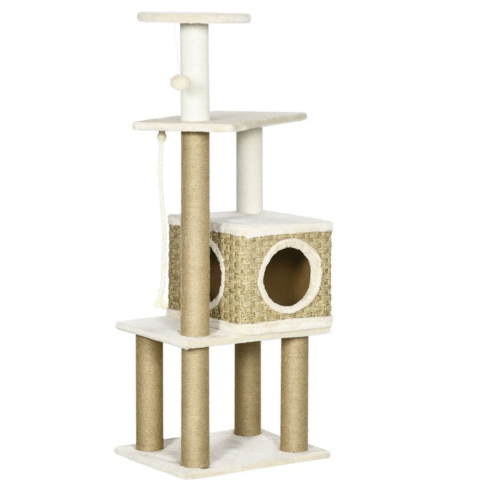 PawHut Cat Tree Climbing Kitten Tower Activity Centre for Indoor Cats w/Jute Scratching Post, Cat House, Kitten Stand, Hanging Toy Ball - Beige