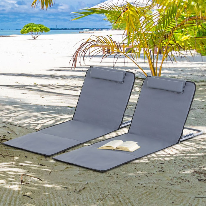 2 Deluxe Foldable Beach Chair Loungers - Metal Frame, Head Pillow - Perfect for Summer