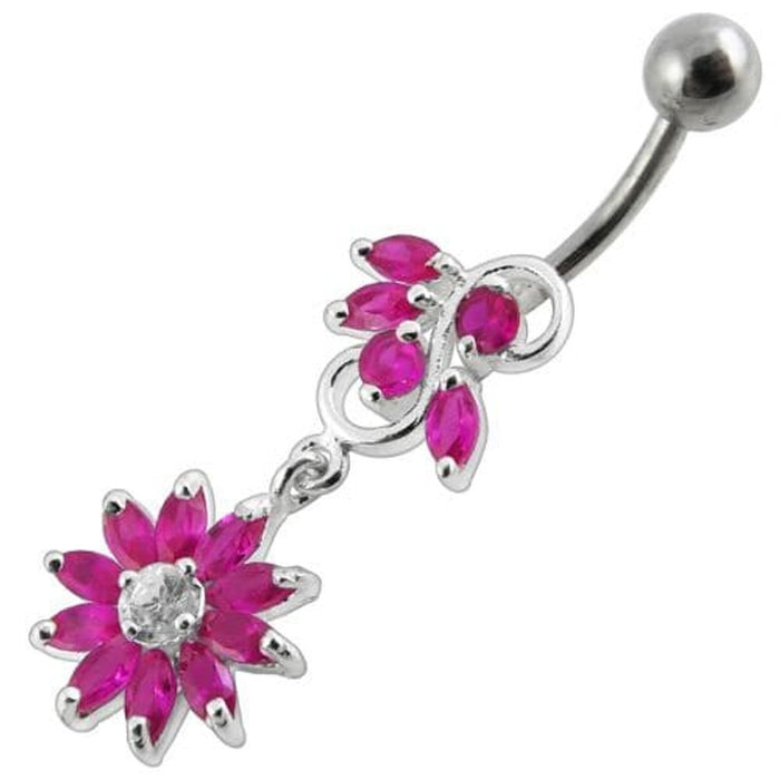 Fancy White Stone Jeweled Flower Dangling Navel Ring