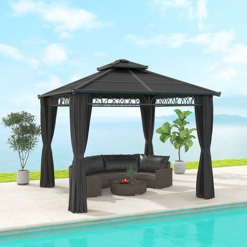 Outsunny 3 x 3 (m) Double Roof Hard Top Gazebo w/Nettings, Dark Grey