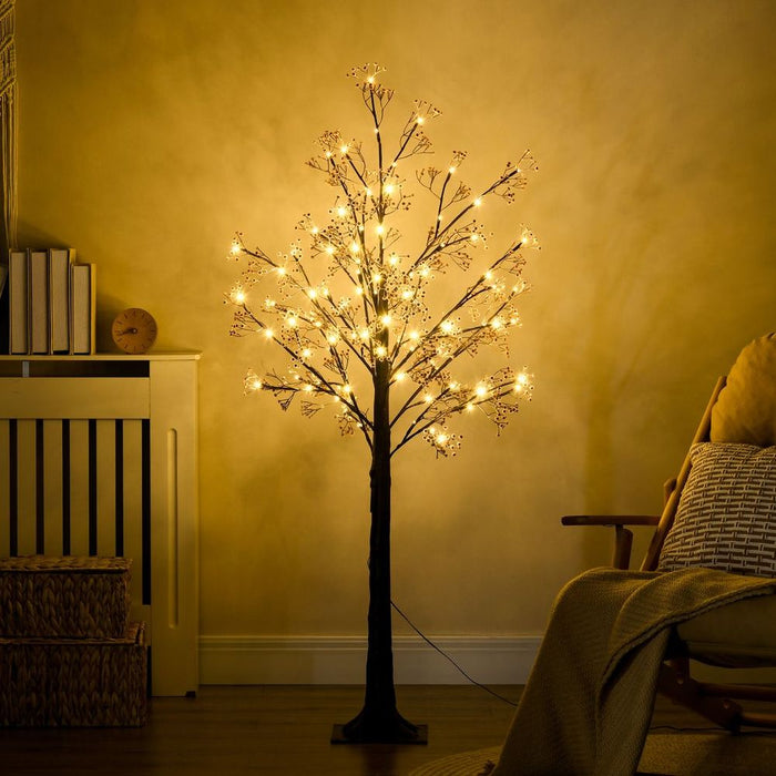 Premium HOMCOM 5ft Artificial Tree | Warm White LED Lights | Realistic Baby Breath Flowers | Versatile Indoor/Outdoor Décor