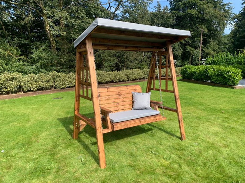 Dorset Two Seat Swing Green - Hand-finished, FSC wood swing with removable roof cover. Made in Britain. Rustproof. 10-year guarantee.