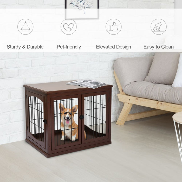 Wooden Dog Crate End Table Pet Puppy Cage w/Metal Wire for Small Dog Brown