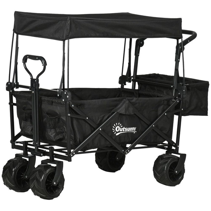 Foldable Trolley Cart w/ 4 Wheels, 2 Compartments, Canopy | Black - High Quality