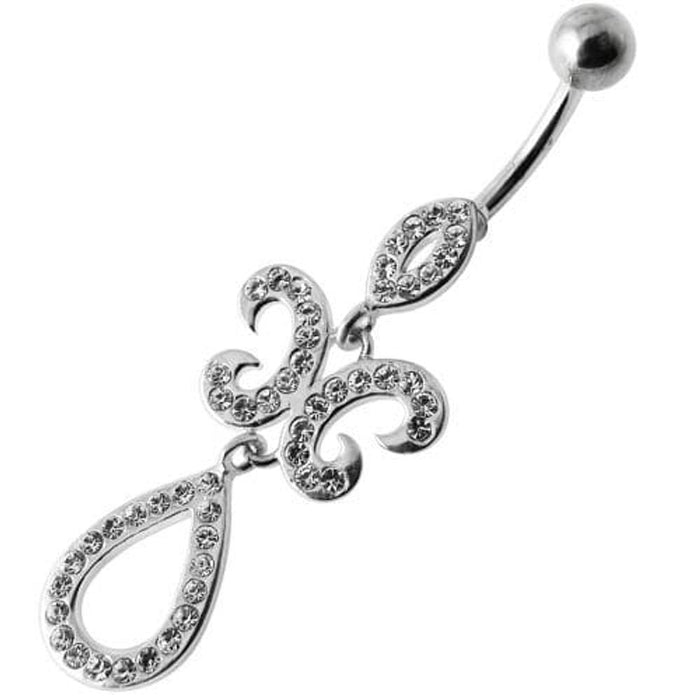 Fancy Studded Jeweled Dangling SS Bar Belly Ring