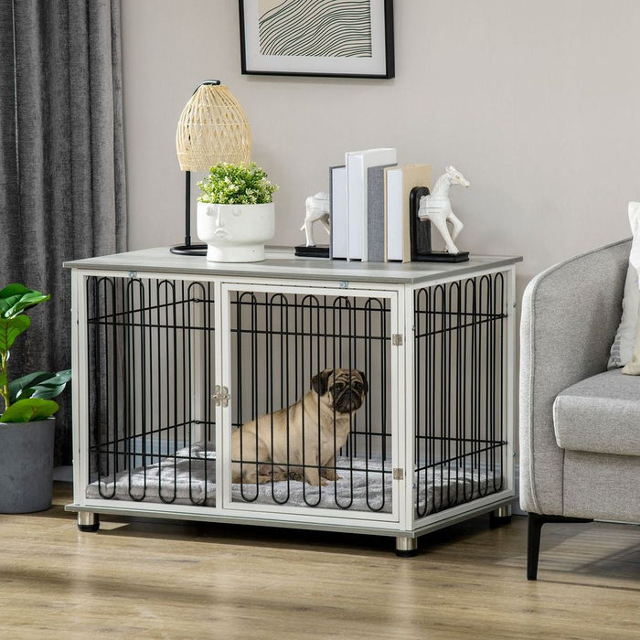 PawHut Dog Crate Furniture End Table w/ Soft Washable Cushion, Lockable Door