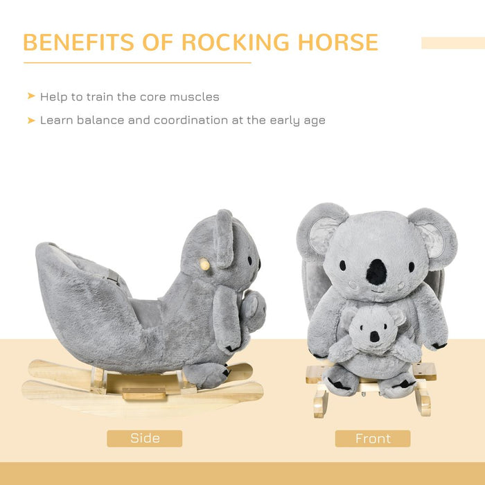 HOMCOM Kids Toddler Rocking Horse Plush Ride On Koala Rocker Wooden Base Seat Safety Belt w/Gloved Doll Toy for 18-36 Months Grey