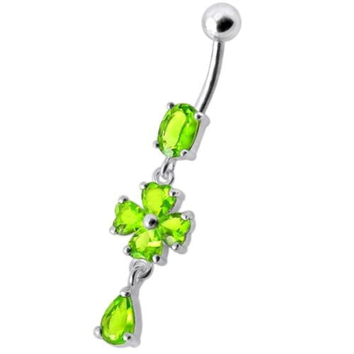 Silver Fancy  Flower Dangling Bdy Jewelry SS Bar Belly Ring