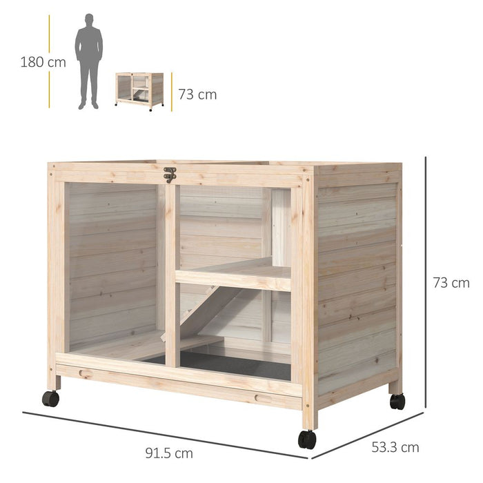 PawHut Rabbit Hutch Indoor Wooden Guinea Pig House Hamster Cage with Wheels, 2 Layers Bunny Cage with Openable Roof, 91.5 x 53.3 x 73 cm, Natural EA