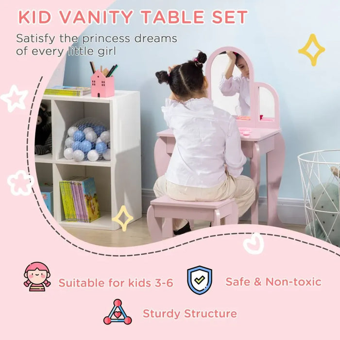 Kids Dressing Table and Stool w/ Mirror and Drawer, for Ages 3-6 Years - Pink