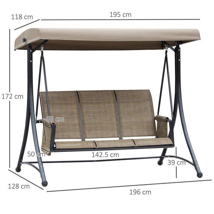 3 Person Swing Chair High Back Design, Side Pouches & Adjustable Canopy, Brown