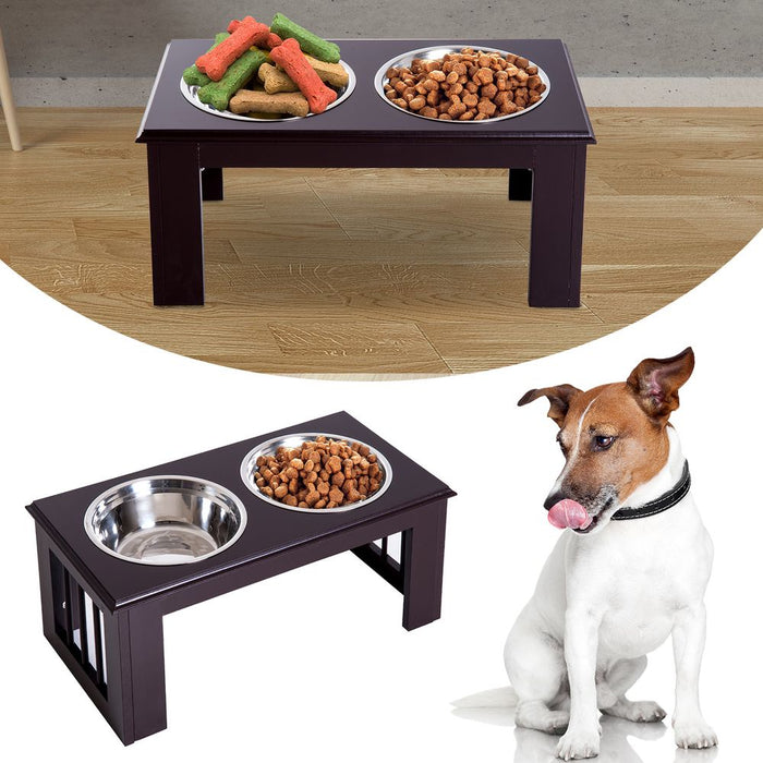 Raised Dog Bowls Pet Feeder Elevated Double Stainless Steel Water Brown Pawhut