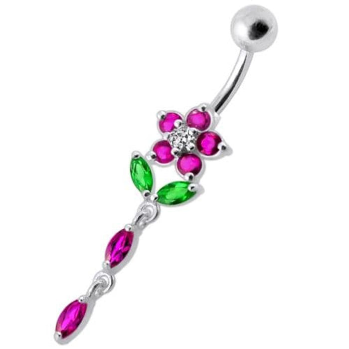 Fancy Jeweled Flower Dangling Banana Bar Navel Ring