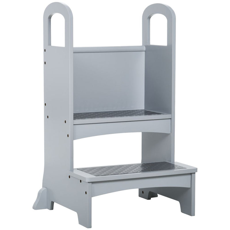 Kids Wooden 2-Step Stool Mini Ladder Assistance Unit w/ Non-Slip Panels Grey