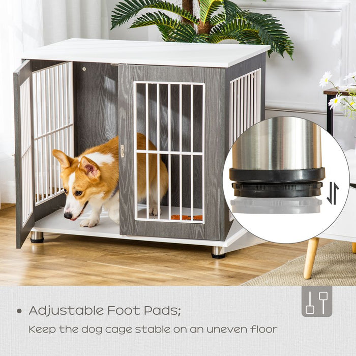 PawHut Dog Crate Wooden Pet Kennel Cage End Table w/Lockable Door for Small Medium Dog Grey & White 85 x 55 x 75 cm